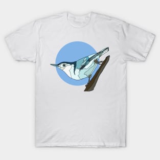 White Breasted Nuthatch on Blue T-Shirt